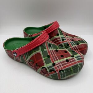 Crocs Baya Holiday Plaid Clogs KIDS J 3 Red Green Christmas Tartan Slip On Shoes